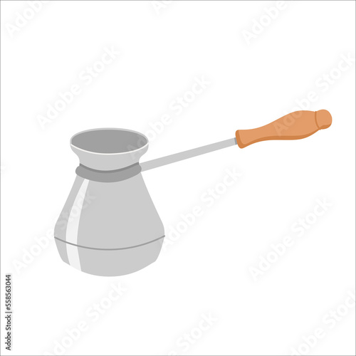 Alternative coffee brewing methods. Turkish cezve pot with hot freshly brewed speciality coffee and wooden handle. Hand drawn colored trendy isolated on white background vector illustration.