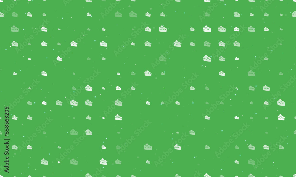 Seamless background pattern of evenly spaced white piece of cake symbols of different sizes and opacity. Vector illustration on green background with stars