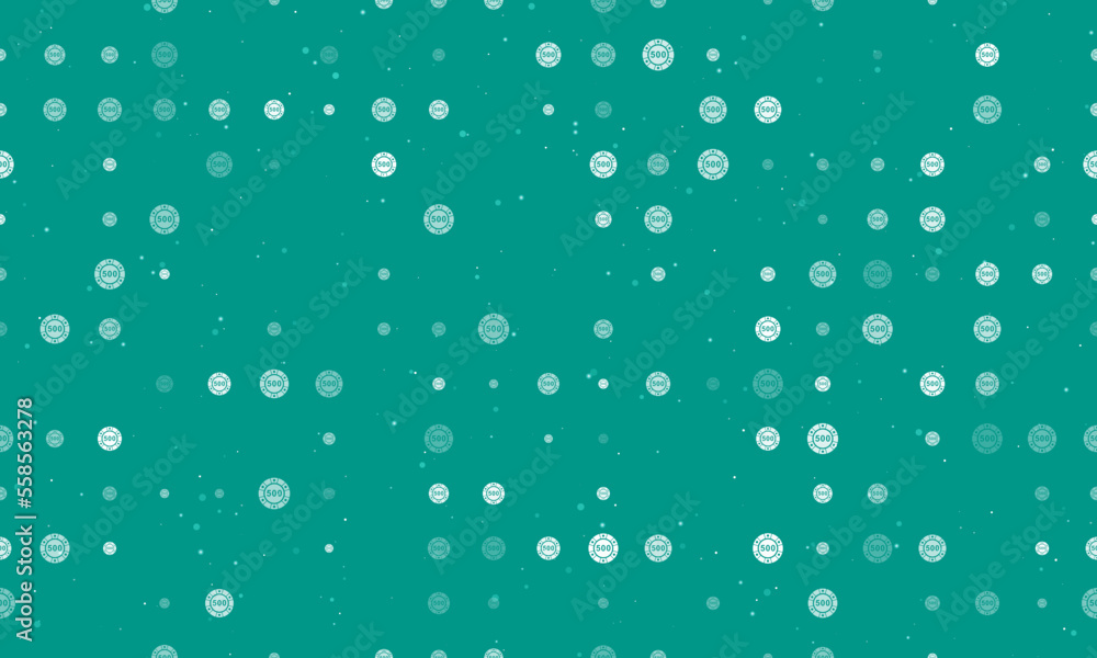 Seamless background pattern of evenly spaced white poker chip symbols of different sizes and opacity. Vector illustration on teal background with stars