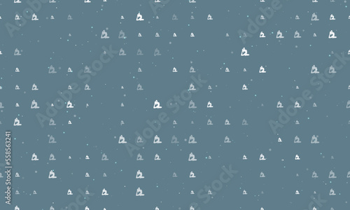 Seamless background pattern of evenly spaced white yoga stretching pose symbols of different sizes and opacity. Vector illustration on blue gray background with stars
