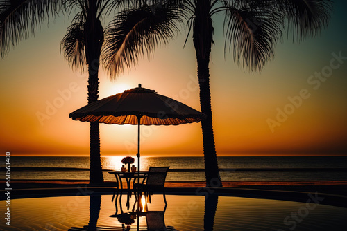 At dawn, a lovely silhouette of a luxury umbrella and chair surrounding a hotel pool resort with a coconut palm tree. Generative AI
