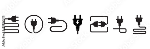 Electric power plug icon set. Electricity wire cord sign. Electrical symbol element. Vector stock illustration.