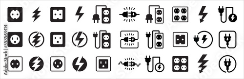 Electric power plug icon set. Electricity wire cord socket sign. Electrical symbol element. Vector stock illustration. Thunder bolt lightning icons set. © great19