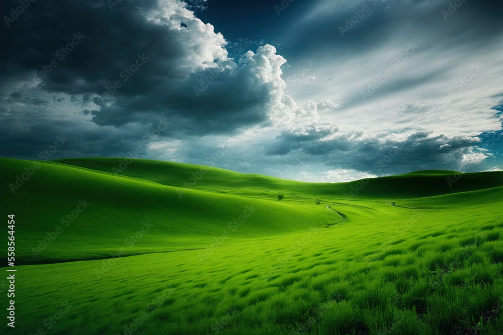 Green sloping fields with a backdrop of clouds and a beautiful sky. Generative AI