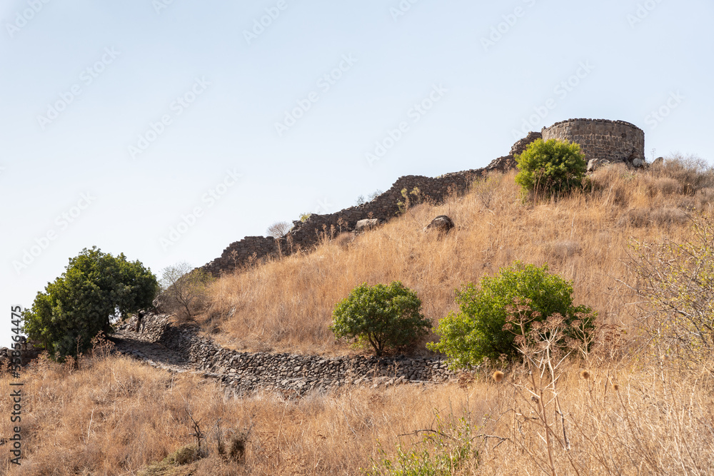 The hill  on which the ruins of the Jewish city of Gamla, destroyed during the Roman Empire, located in the Gamla Nature Reserve, Golan Heights, northern Israel