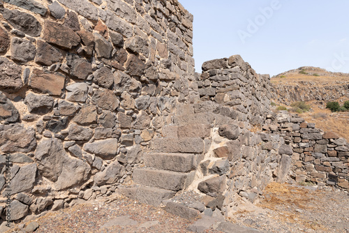 The ruins  of the synagogue in the ruins of Gamla city  located in the Gamla Nature Reserve  Golan Heights  northern Israel