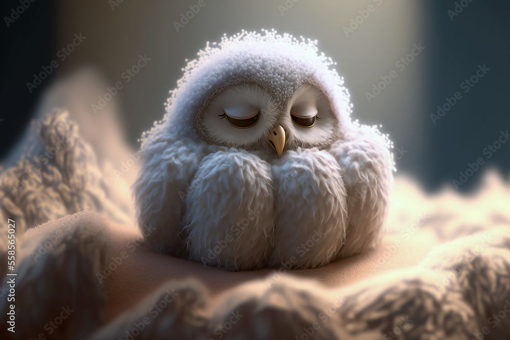 Obraz premium Cute, white, sleeping baby owl, dreaming, smiling, fluffy floor, Generative AI
