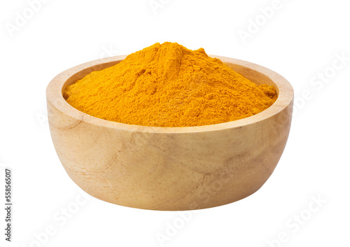 turmeric powder in wood bowl on transparent png photo