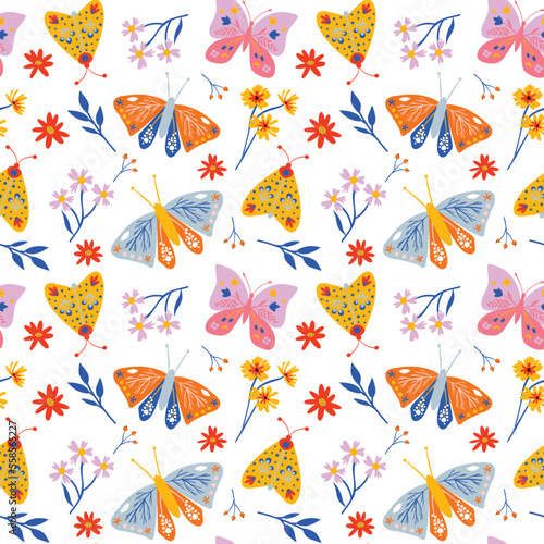 Butterfly seamless pattern with floral elements. Colorful spring pattern background for fabric, paper, scrapbooking etc.
