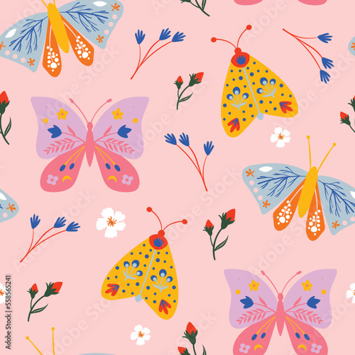 Butterfly seamless pattern with floral elements. Spring pattern background in pastel color for fabric, paper, scrapbooking etc.