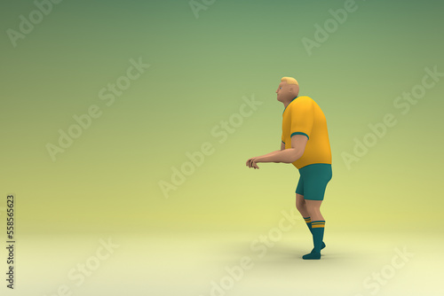 An athlete wearing a yellow shirt and green pants is expression of hand when talking. 3d rendering of cartoon character in acting.