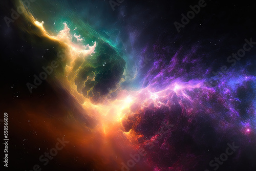 On a dark background, colorful fractal nebula dust is seen. Generative AI © 2rogan