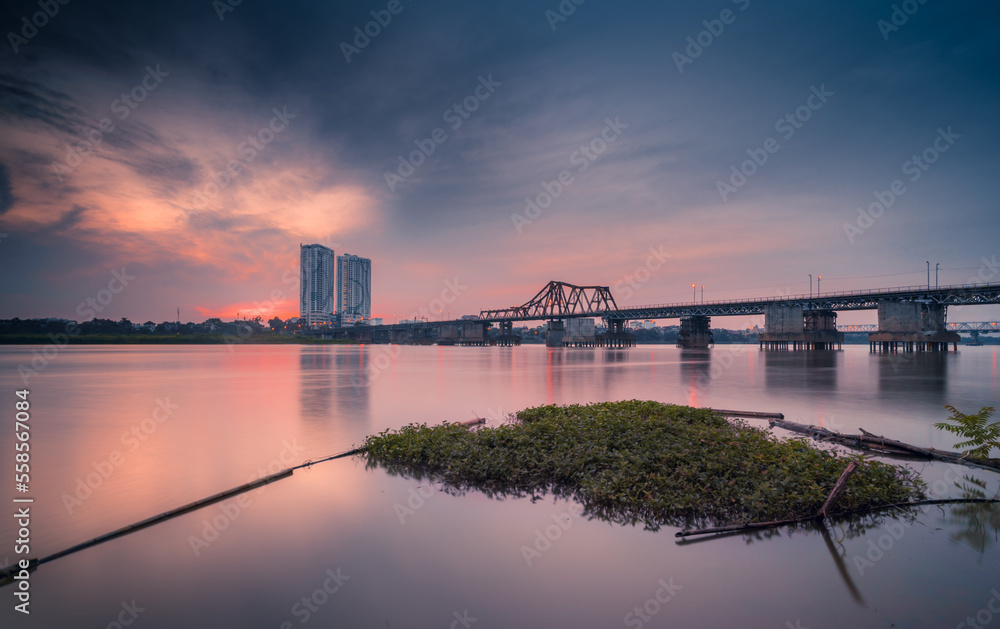 Long Bien Bridge. Morning Sunrise Landscape