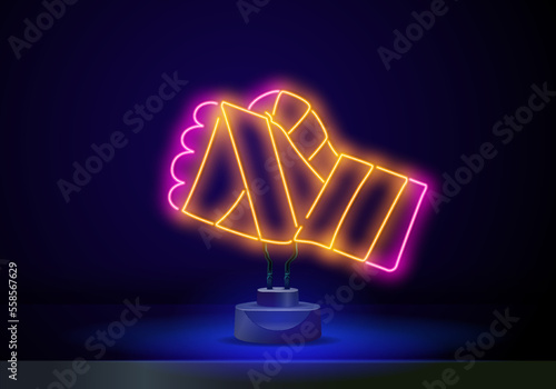 Vector neon hands, glowing fists, bright colorful illustration isolated on dark transparent background, abstract light.