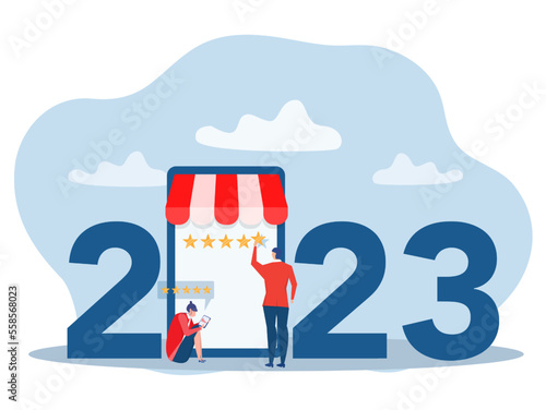 2023 nline shopping with give 5 rating and review Five Star Feedback online sales.Online shop Vector illustration 