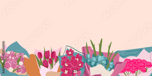Background with bouquets of flowers, Valentines Day, Women s Day, Mother s Day design in flat style. Festive background, banner, greeting card, and flyer. Vector illustration.
