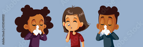 Children Suffering Respiratory Diseases During School Epidemic Vector Illustration. Kids having viral pneumonia catching the virus in collectivity 
