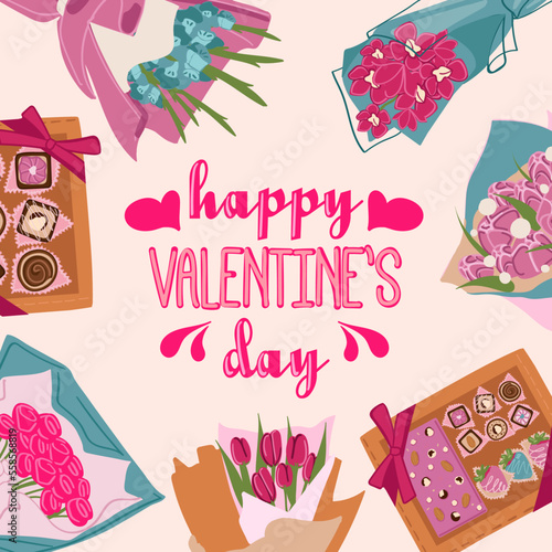 Background with bouquets of flowers, Valentines Day, Women s Day, Mother s Day design in flat style. Festive background, banner, greeting card, and flyer. Vector illustration.