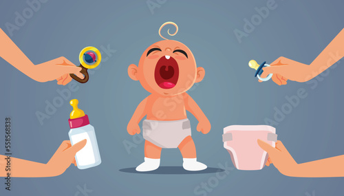 Family Relatives Guessing Why the Baby is Crying Vector Cartoon. Funny infant making his parents guess what he needs
