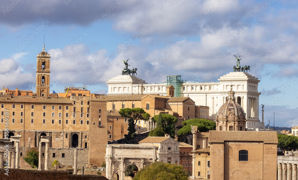 Old Historic Building in Downtown Rome, Italy. Cloudy blue sky