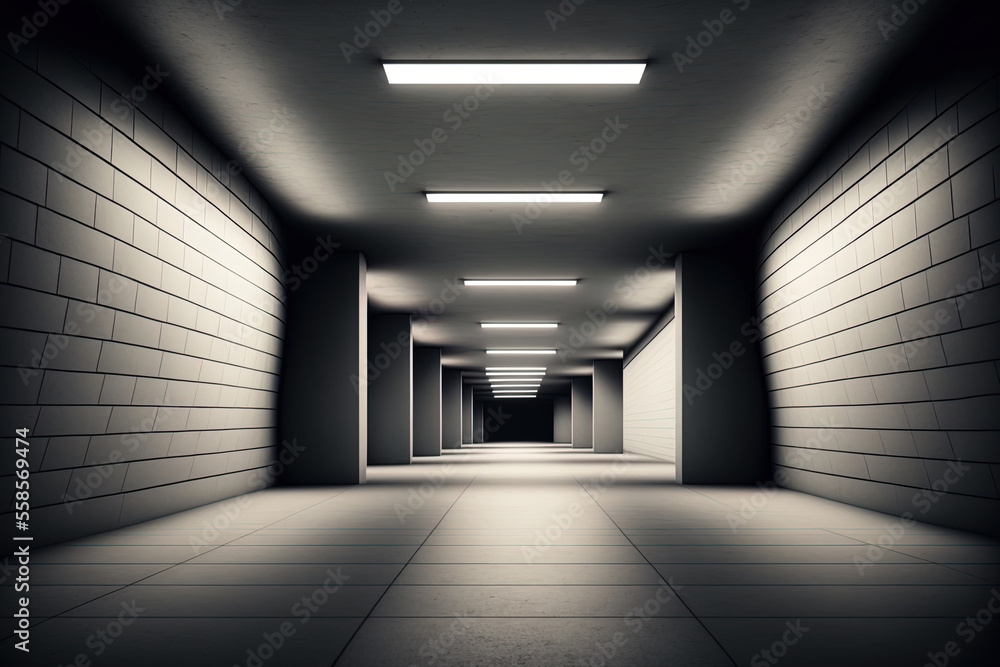 With lights, a stage that is vacant, and a chamber, a contemporary, futuristic warehouse has an underground parking corridor. Generative AI