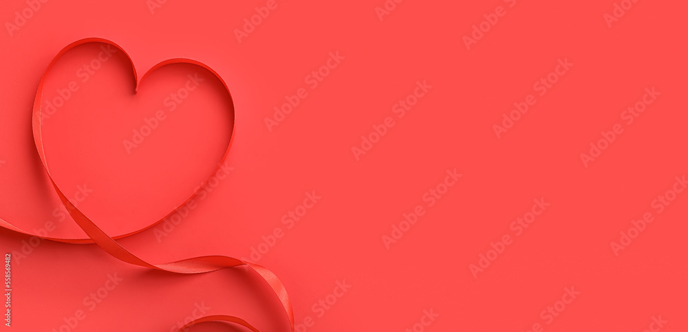 Heart made of ribbon on red background with space for text. Valentine's Day celebration