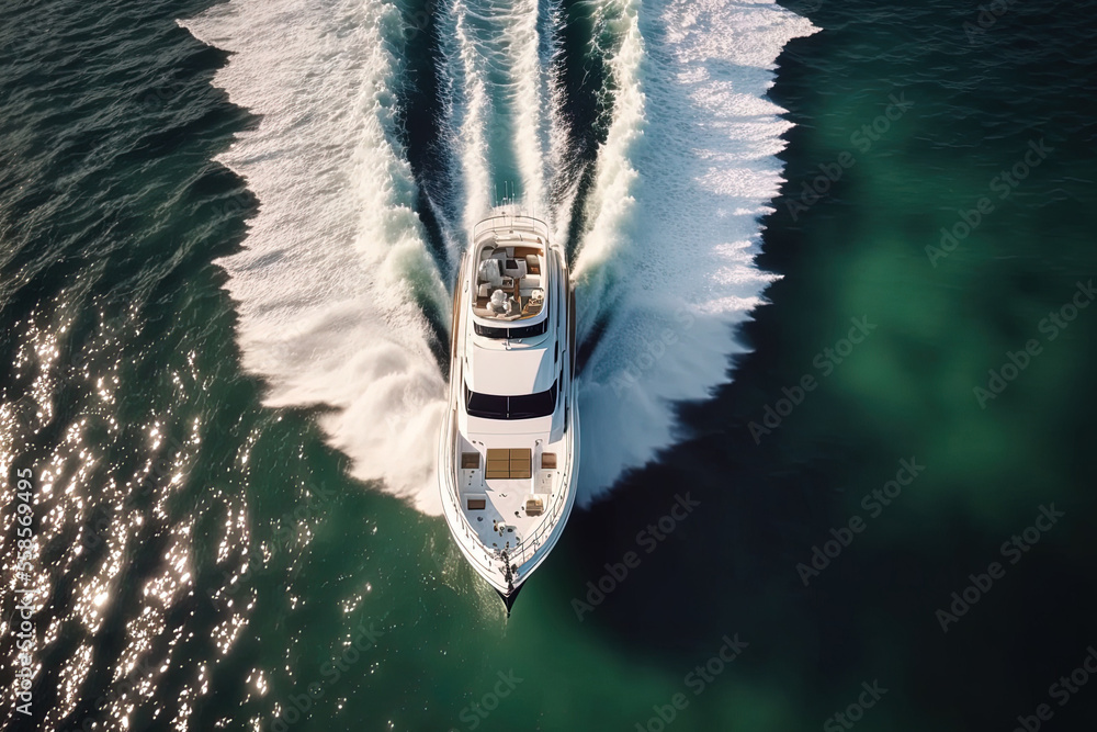 opulent motorboat. aerial shot shows a boat sailing across a body of water.  View from above