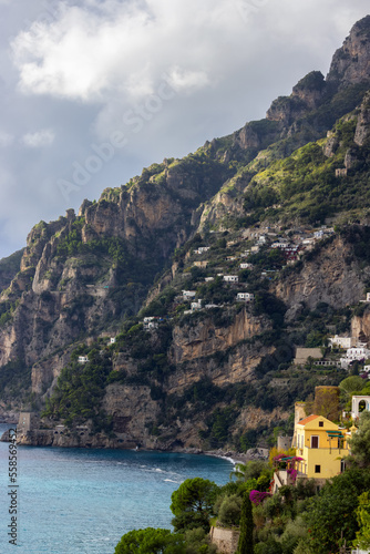 Touristic Town  Positano  on Rocky Cliffs and Mountain Landscape by the Tyrrhenian Sea. Amalfi Coast  Italy.