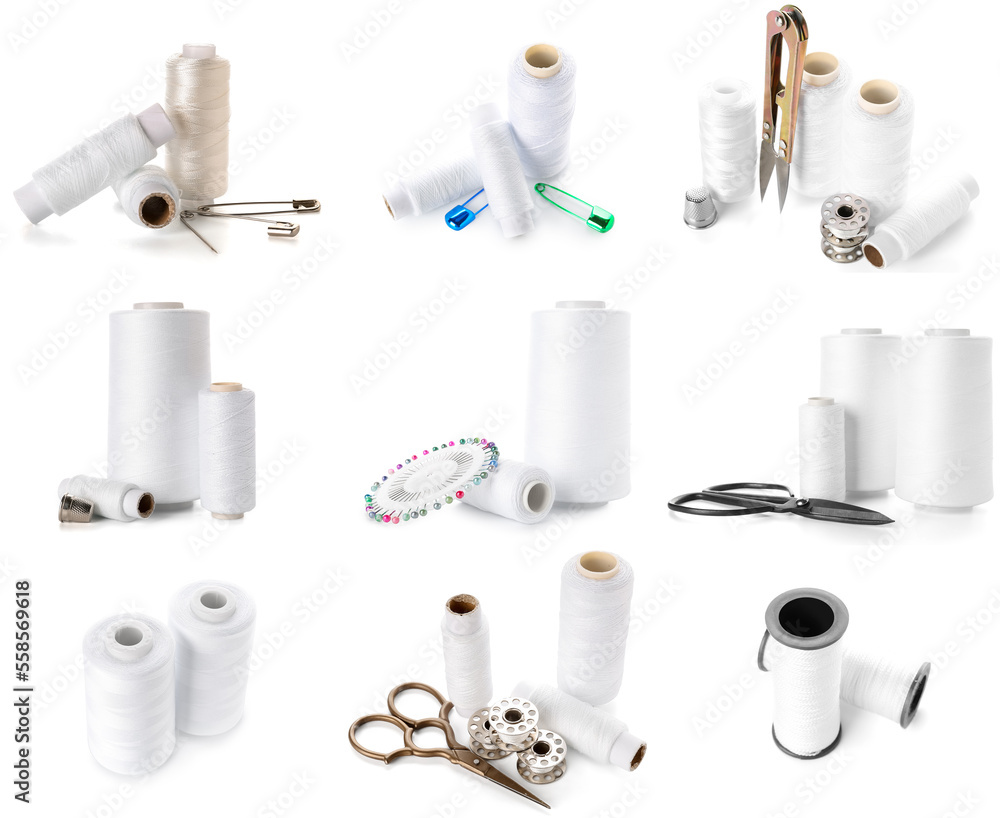 Naklejka premium Set of threads with tailor's supplies on white background