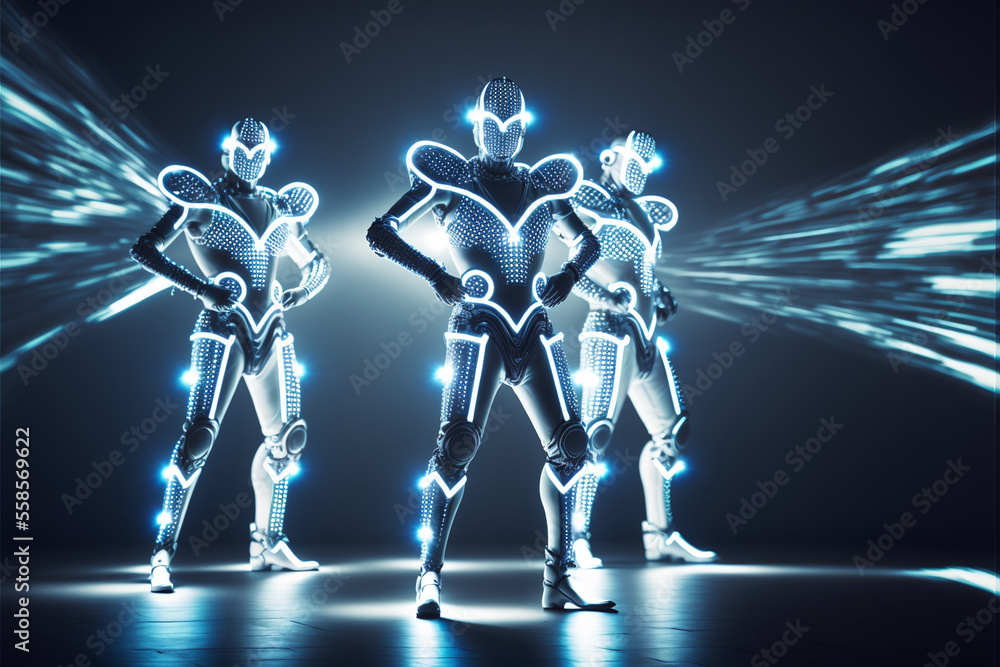Laser show performance, dancers in led suits with LED lamp, very beautiful night club performance, party. Generated AI