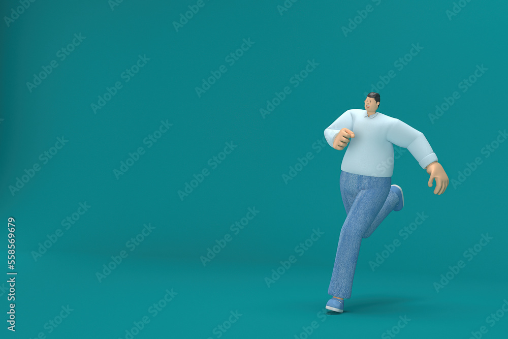 cartoon character wearing jeans and long shirt. He is running. 3d rendering in acting. cartoon character wearing jeans and long shirt. He is running. 3d rendering in acting.