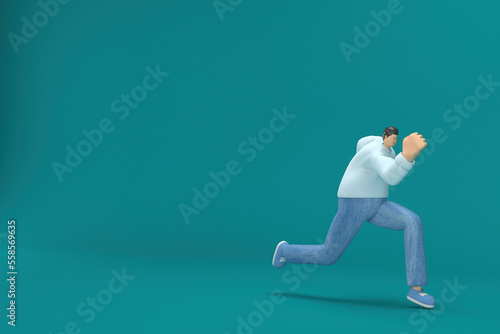 cartoon character wearing jeans and  long shirt. He is running. 3d rendering in acting. © Ake