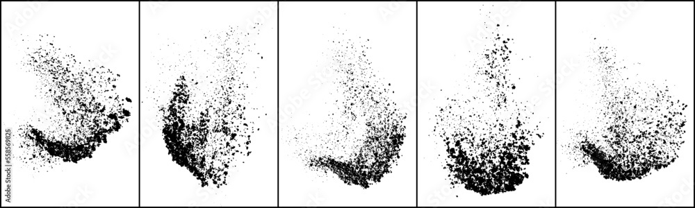 Set of explosion black grainy texture isolated on white background. Dust overlay textured. Dark noise particles. Grunge design elements. Vector illustration, Eps 10. Set of explosion black grainy texture isolated on white background. Dust overlay textured. Dark noise particles. Grunge design elements. Vector illustration, Eps 10.