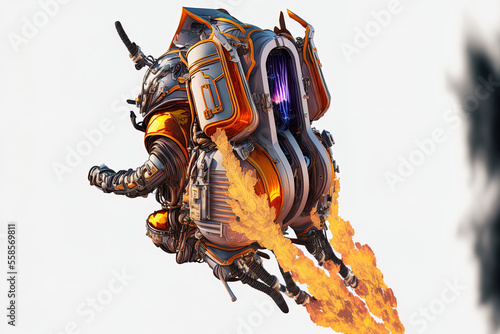 Isolated top down side image of a jetpack with fire. Generative AI photo