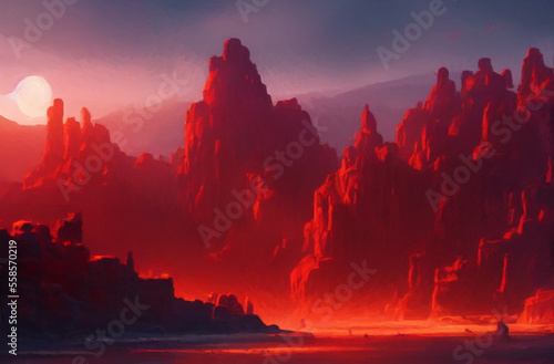 sunset over the mountains and antic city generative AI computer generated stylized painting landscape background