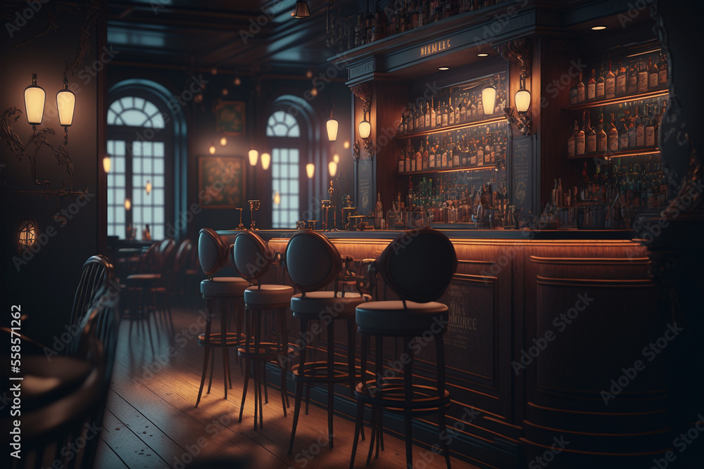A dimly lit bar with lots of chairs, Generative AI