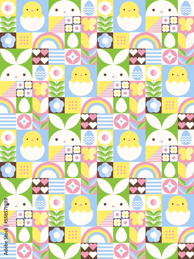 Seamless pattern with geometric Easter or spring themed motifs. Repeatable pattern tile design with cute bunny, chick, egg, flower, and abstract shapes. Seamless pattern with geometric Easter or spring themed motifs. Repeatable pattern tile design with cute bunny, chick, egg, flower, and abstract shapes.