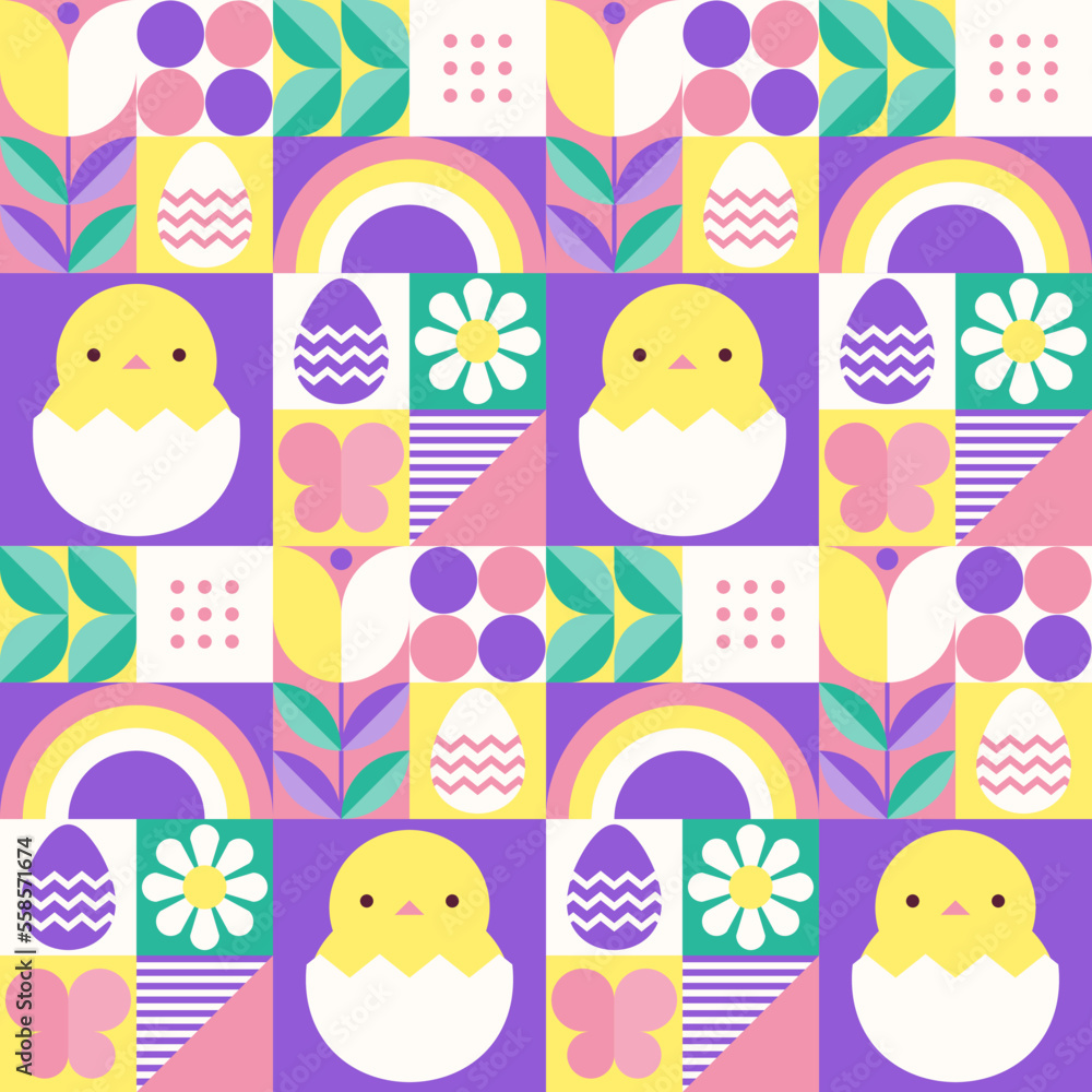 Seamless pattern with geometric Easter or spring themed motifs. Repeatable pattern tile design with cute chick, egg, rainbow, flower, and abstract shapes.