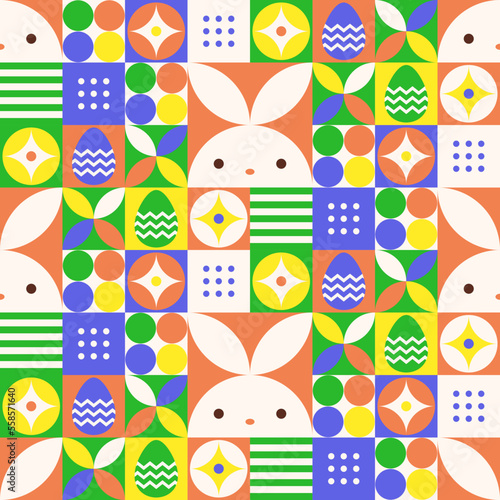 Seamless pattern with geometric Easter or spring themed motifs. Repeatable pattern tile design with cute bunny, egg, flower, and abstract shapes.