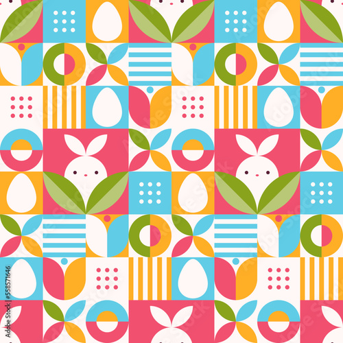 Seamless pattern with geometric Easter or spring themed motifs. Repeatable pattern tile design with cute peeking bunny, flower, and abstract shapes.