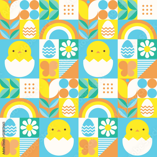 Seamless pattern with geometric Easter or spring themed motifs. Repeatable pattern tile design with cute chick, egg, rainbow, flower, and abstract shapes