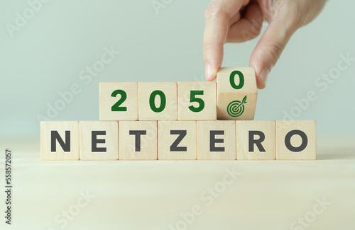 Net zero by 2050. Green business and sustainability. Net zero greenhouse gas emissions target. Limit climate change strategy. Flipping wooden cubes with net zero target icon on minimal background.