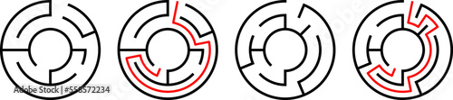 Maze Labyrinth for kids with solution. Simple puzzle logic game. Round circle mazes riddle