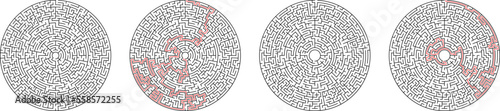 Maze Labyrinth for kids with solution. Hard puzzle logic game. Round circle mazes riddle