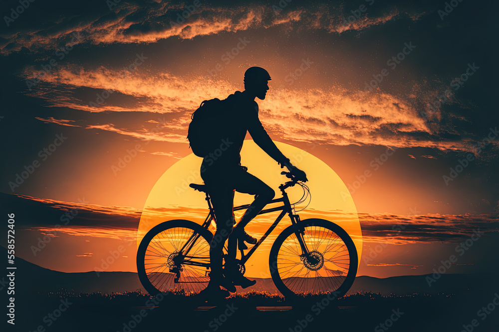 Fototapeta premium The shape of a guy riding a bicycle against the backdrop of the sunset or the silhouette of a cyclist against the gorgeous sky and sun. Generative AI