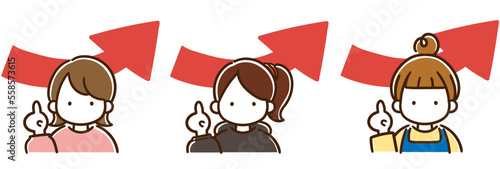 成績売上アップしたシンプルで若い女性たちの上半身イラストセット