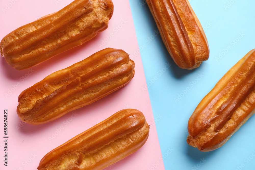 Delicious eclairs on color background Delicious eclairs on color background