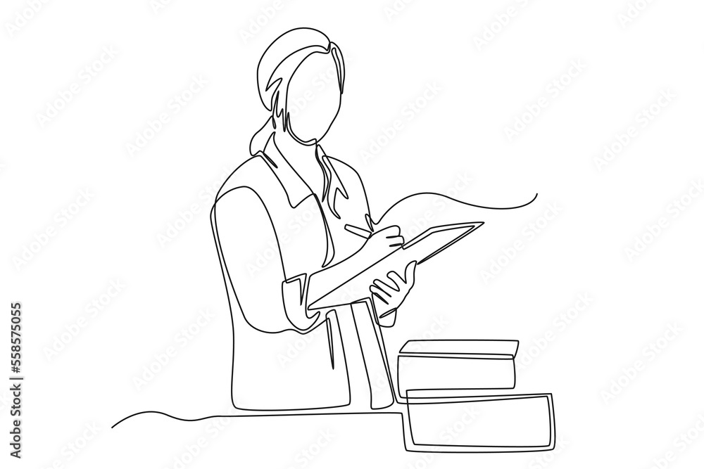 Single one line drawing business woman using tablet check and control for Modern Trade warehouse logistics. Supply chain management concept. Continuous line draw design graphic vector illustration. Single one line drawing business woman using tablet check and control for Modern Trade warehouse logistics. Supply chain management concept. Continuous line draw design graphic vector illustration.