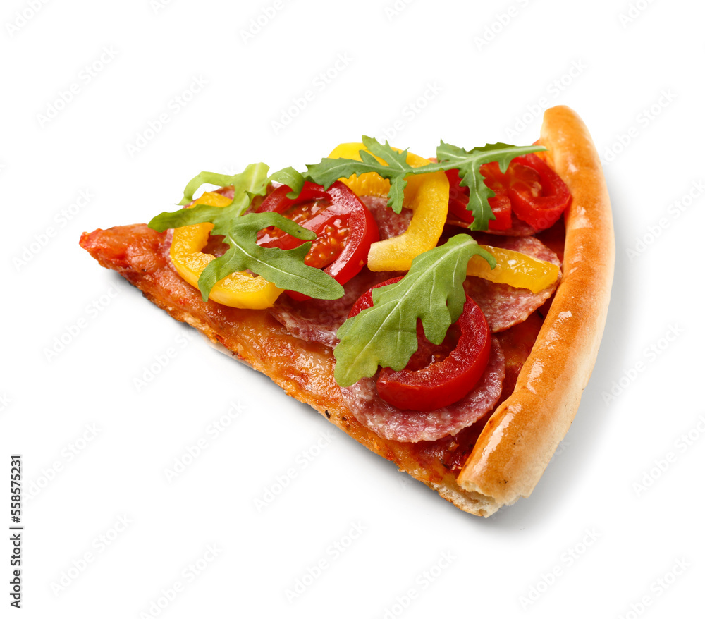 Slice of pizza with arugula on white background