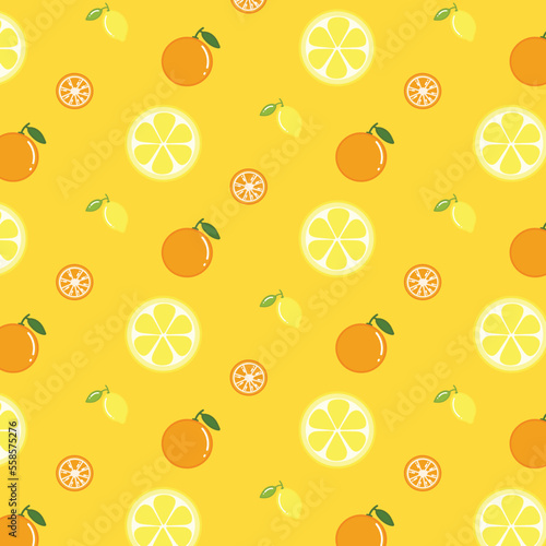 Seamless pattern of cute shiny lemon and orange fruit. Hand drawn flat vector illustration isolated on yellow background. For textile print, wallpaper, wrapping paper, greeting card, gift 